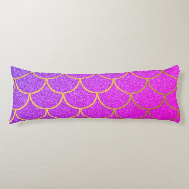 Gold Mermaid Scales Pink Purple Glitter  Body Cushion (Front)