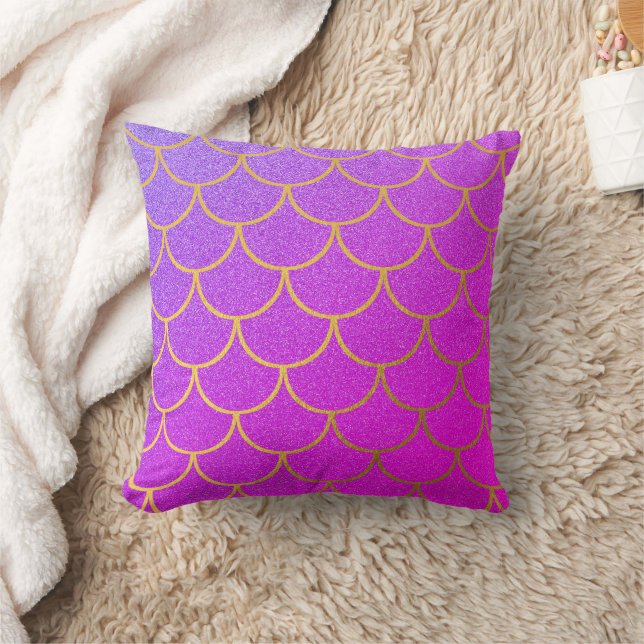 Gold Mermaid Scales Pink Purple Glitter Cushion (Blanket)