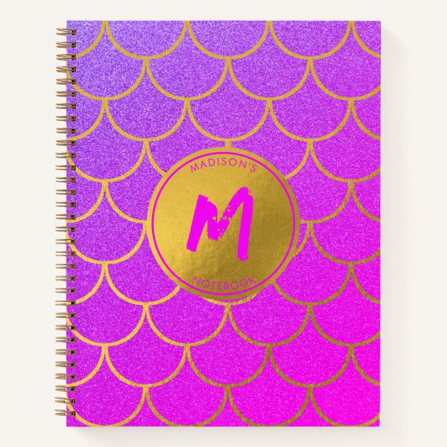 Gold Mermaid Scales Pink Purple Glitter Monogram Notebook (Front)