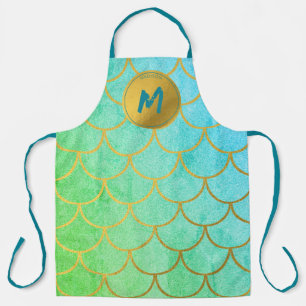 Gold Mermaid Scales Teal Glitter  Pattern Monogram Apron