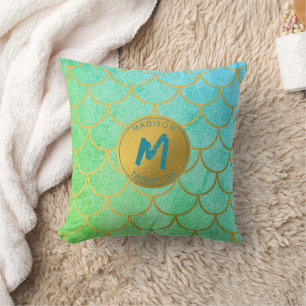Gold Mermaid Scales Teal Glitter  Pattern Monogram Cushion