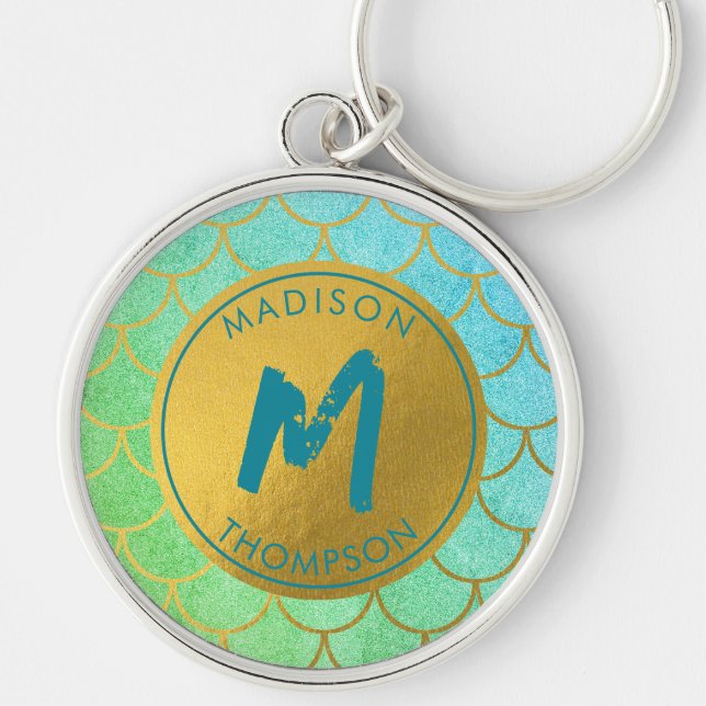 Gold Mermaid Scales Teal Glitter  Pattern Monogram Key Ring (Front)