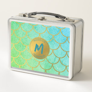 Gold Mermaid Scales Teal Glitter Pattern Monogram Metal Lunch Box