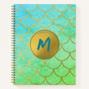 Gold Mermaid Scales Teal Glitter Pattern Monogram Notebook