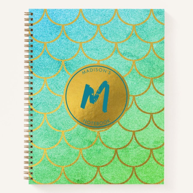 Gold Mermaid Scales Teal Glitter  Pattern Monogram Notebook (Front)