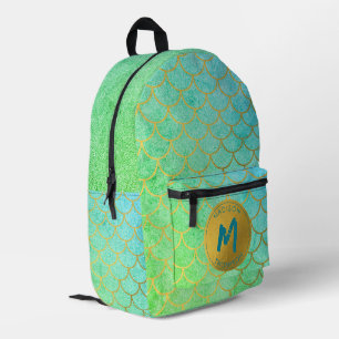 Gold Mermaid Scales Teal Glitter Pattern Monogram Printed Backpack
