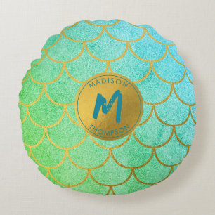 Gold Mermaid Scales Teal Glitter  Pattern Monogram Round Cushion