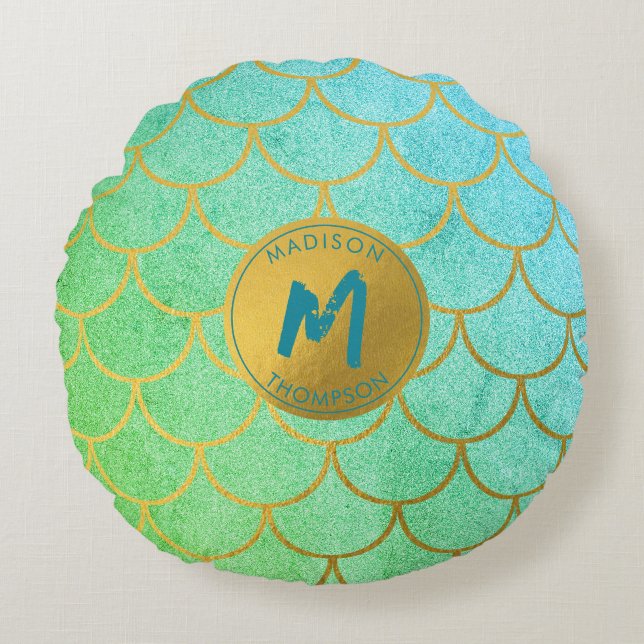 Gold Mermaid Scales Teal Glitter  Pattern Monogram Round Cushion (Front)