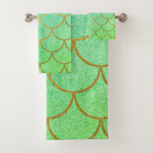 Gold Mermaid Scales Teal Turquoise Glitter Bath Towel Set