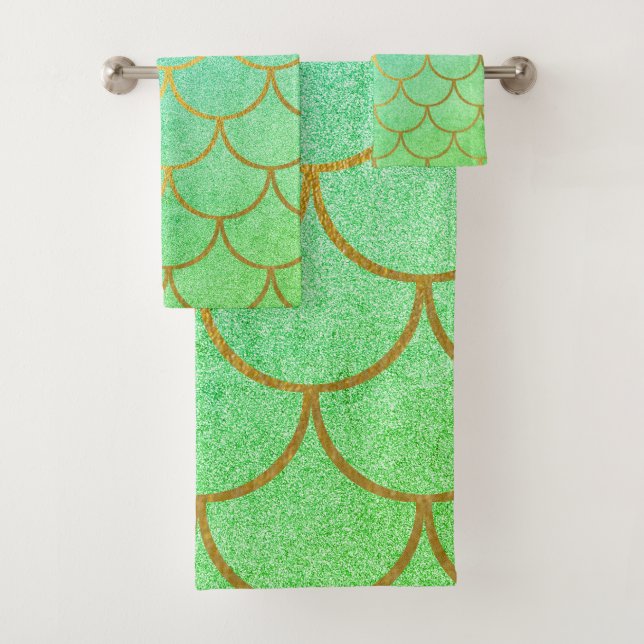 Gold Mermaid Scales Teal Turquoise Glitter Bath Towel Set (Insitu)