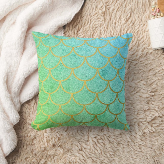 Gold Mermaid Scales Teal Turquoise Glitter Cushion (Blanket)