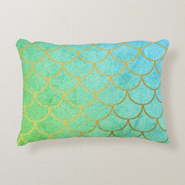 Gold Mermaid Scales Teal Turquoise Glitter  Decorative Cushion (Front)