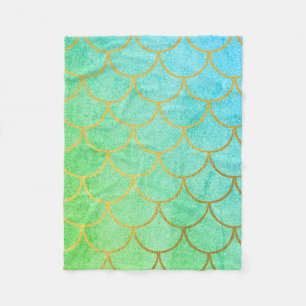 Gold Mermaid Scales Teal Turquoise Glitter  Fleece Blanket