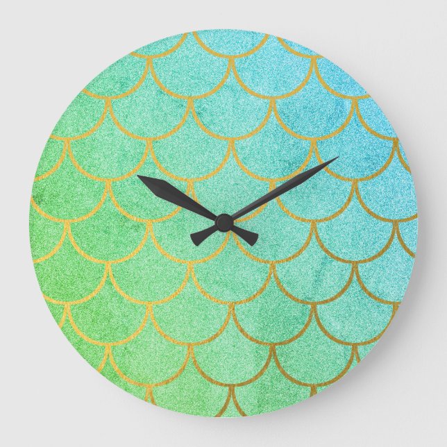 Gold Mermaid Scales Teal Turquoise Glitter Large Clock (Front)