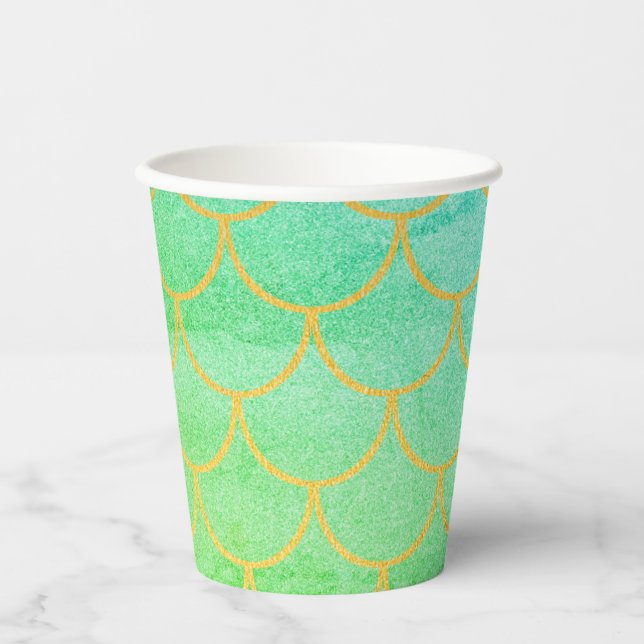 Gold Mermaid Scales Teal Turquoise Glitter Paper Cups (Front)