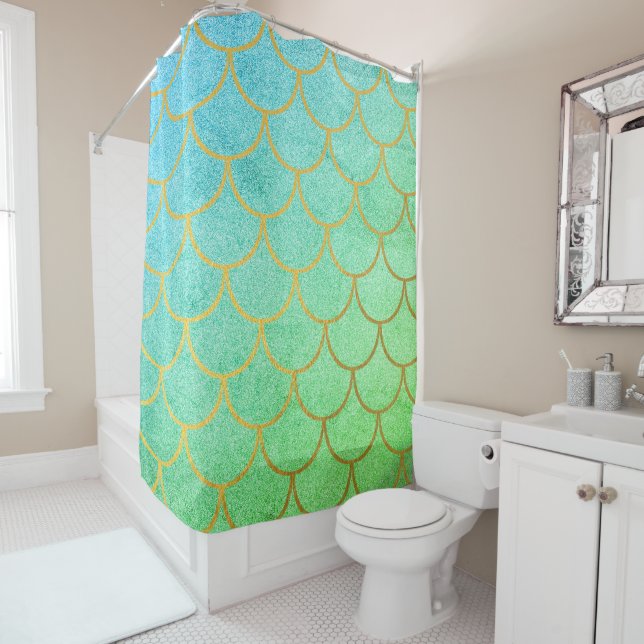 Gold Mermaid Scales Teal Turquoise Glitter  Shower Curtain (In Situ)