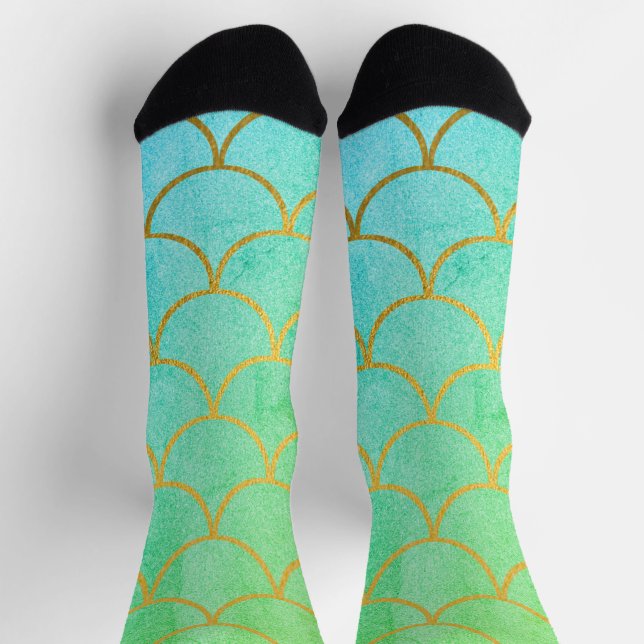 Gold Mermaid Scales Teal Turquoise Glitter  Socks (Top)