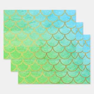 Gold Mermaid Scales Teal Turquoise Glitter Wrapping Paper Sheet