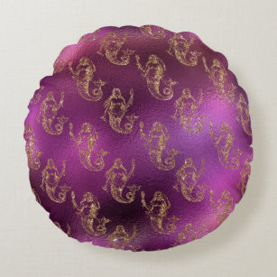Gold Mermaids On A Purple Background Round Cushion