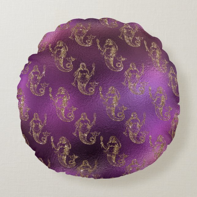 Gold Mermaids On A Purple Background Round Cushion (Front)
