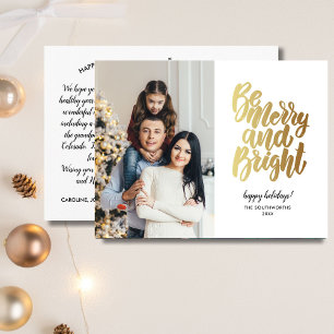 Gold Merry and Bright Happy Holidays Family Photo Postcard