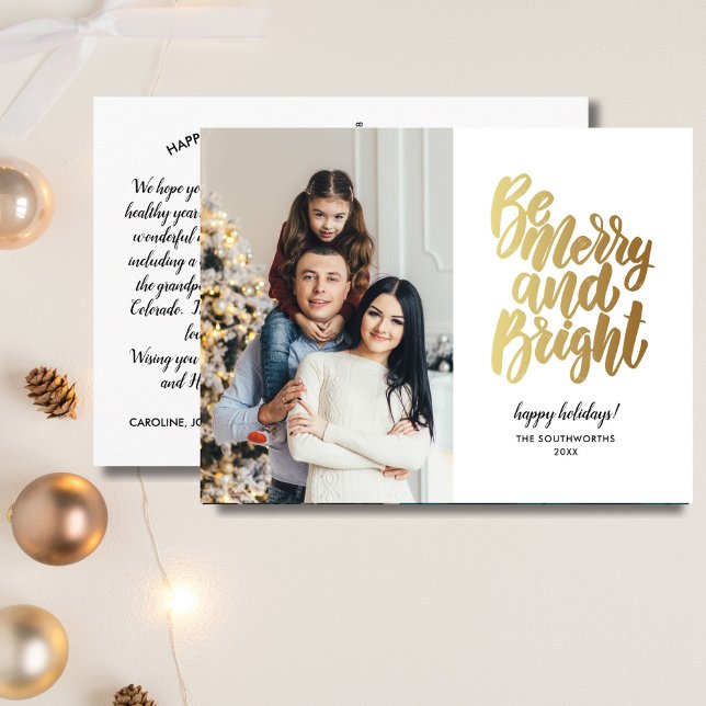 Gold Merry and Bright Happy Holidays Family Photo Postcard (Creator Uploaded)