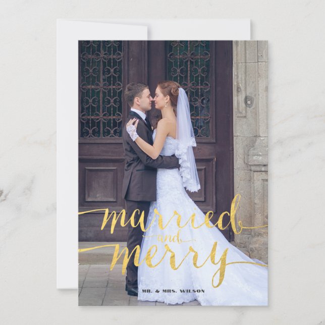 Gold Merry and Married  Photo Holiday Card (Front)
