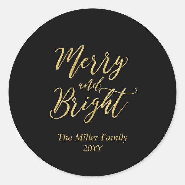 Gold Merry & Bright Christmas Holiday Sticker (Front)