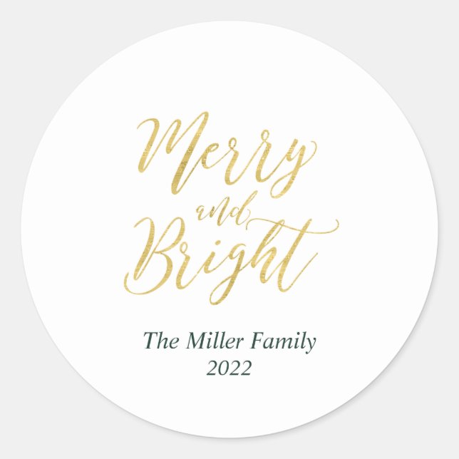 Gold Merry & Bright Christmas Holiday Sticker (Front)