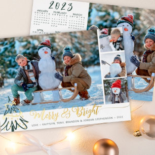 Gold Merry & Bright Photo Collage 2023 Calendar Foil Holiday Card