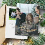 Gold Merry Christmas 2 family photo personalised Holiday Card<br><div class="desc">Elegant faux gold script overlay 2 custom photos family name and text personalised Christmas holiday card.</div>