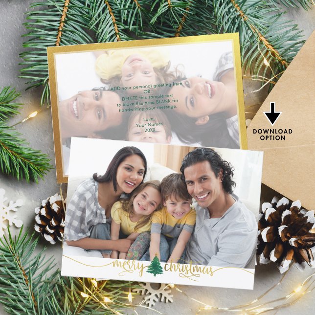 Gold Merry Christmas, 2-Photo Frosted Overlay Back Holiday Card (Creator Uploaded)
