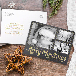 Gold Merry Christmas 3 Photo Modern Postcard