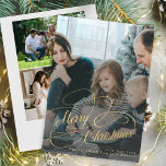 Gold Merry Christmas 4 photo collage  Holiday Card<br><div class="desc">Elegant faux gold script overlay 4 custom photos family name  and text personalised Christmas holiday card.</div>