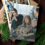 Gold Merry Christmas 5 photo collage Holiday Card<br><div class="desc">Elegant faux gold script overlay 5 custom photos,  family name and text personalised Christmas holiday card.</div>