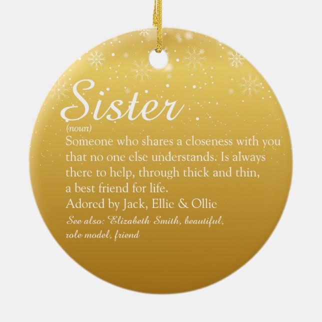 Gold Merry Christmas Best Ever Sister Definition Ceramic Ornament (Back)