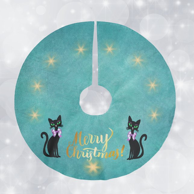 Gold Merry Christmas black Cats Pink Bows Stars Brushed Polyester Tree Skirt (Gold Merry Christmas two black cats pink bows gold stars on teal Christmas tree skirt.)