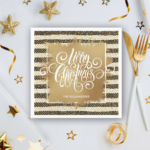 Gold Merry Christmas Black White Stripes Napkin