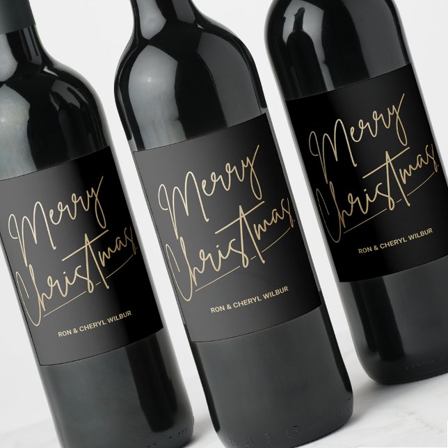 Gold Merry Christmas Black Wine Label (Gold Merry Christmas on Black Wine Bottle Labels)