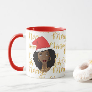 Gold Merry Christmas, Black Woman, Red Santa Hat Mug