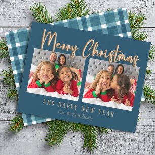 Gold Merry Christmas Bubble Letters Blue Photo Holiday Card