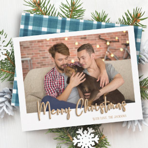Gold Merry Christmas Bubble Letters Blue Plaid Holiday Card