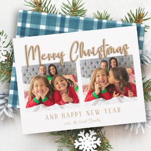 Gold Merry Christmas Bubble Letters Blue Plaid Holiday Card