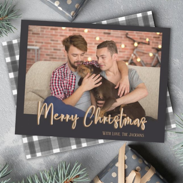 Gold Merry Christmas Bubble Letters Plaid Black Holiday Card (Creator Uploaded)