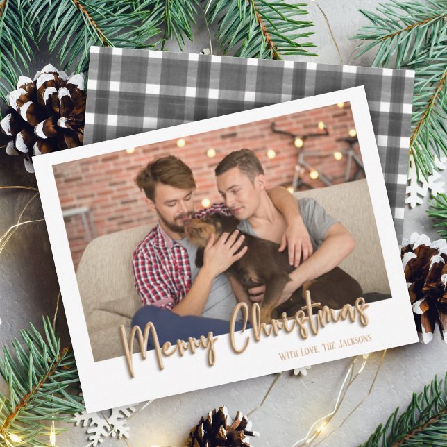 Gold Merry Christmas Bubble Letters Plaid White Holiday Card (Creator Uploaded)