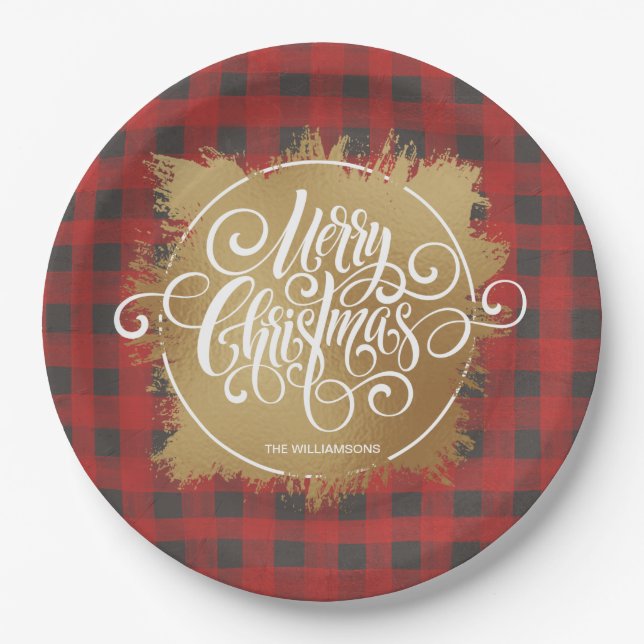 Gold Merry Christmas Buffalo Plaid Paper Plate (Front)