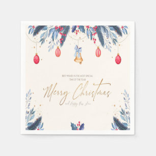 Gold Merry Christmas Calligraphy Navy Blue Red Napkin