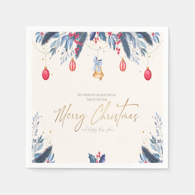 Gold Merry Christmas Calligraphy Navy Blue Red Napkin (Front)