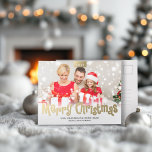 Gold Merry Christmas Custom Photo Modern Postcard<br><div class="desc">Customise this fun stylish lovely light and crisp simple modern horizontal Christmas postcard designed with faux gold text on white. Please note that the gold is colour print and is not an actual gold foil. Replace the template image with your favourite photo and change all the template information on both...</div>