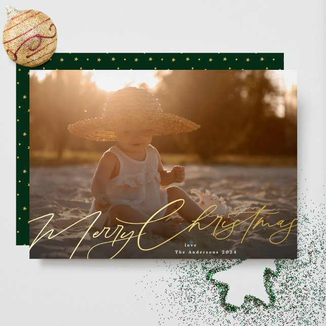 Gold Merry Christmas Elegant Calligraphy Photo Foil Holiday Card (Creator Uploaded)